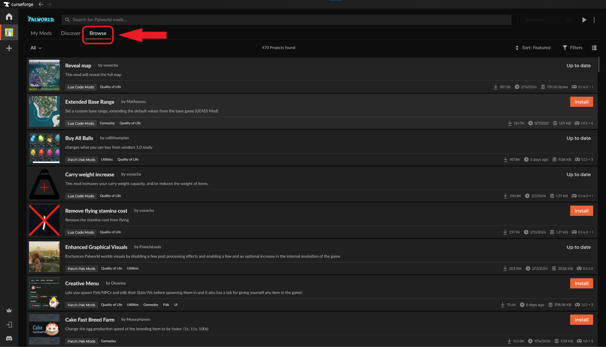 CurseForge browse tab displaying a variety of available Palworld mods for download.