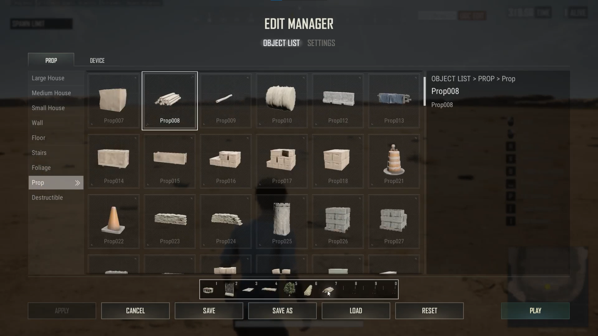 PUBG Edit Manager object list menu showing props for custom map building.