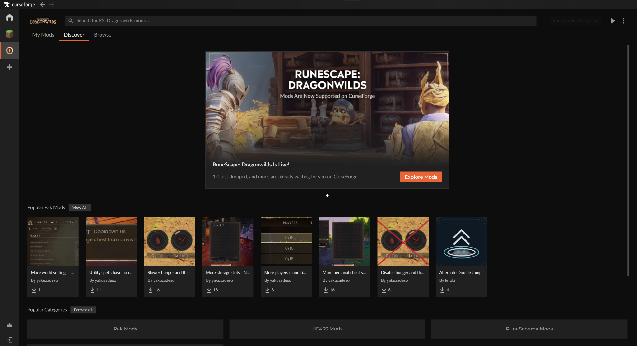 The Runescape Dragonwilds "Discover" tab in CurseForge, showing featured mods like "Alternate Double Jump" and "More storage" slots.