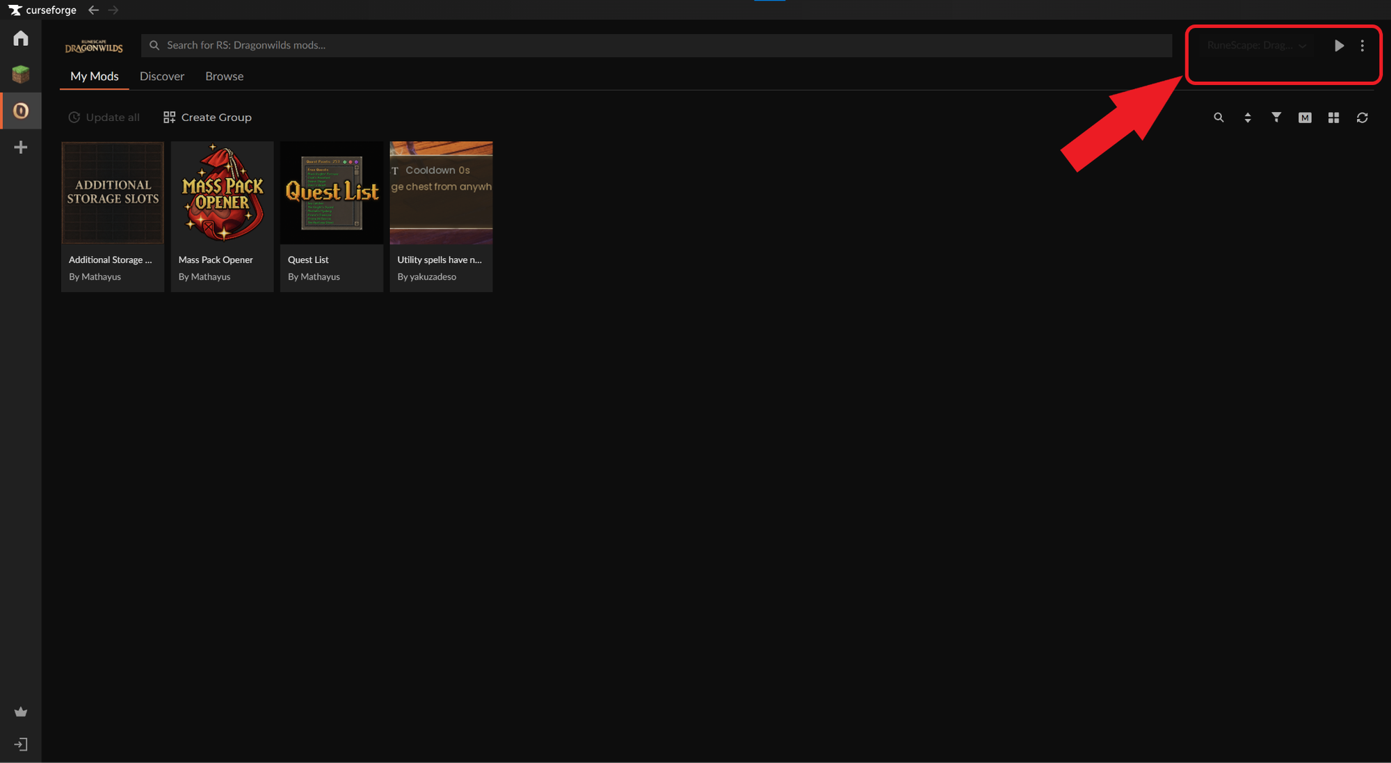The Runescape Dragonwilds "My Mods" dashboard in CurseForge with a red arrow pointing to the "Run Game" play button in the top right corner.