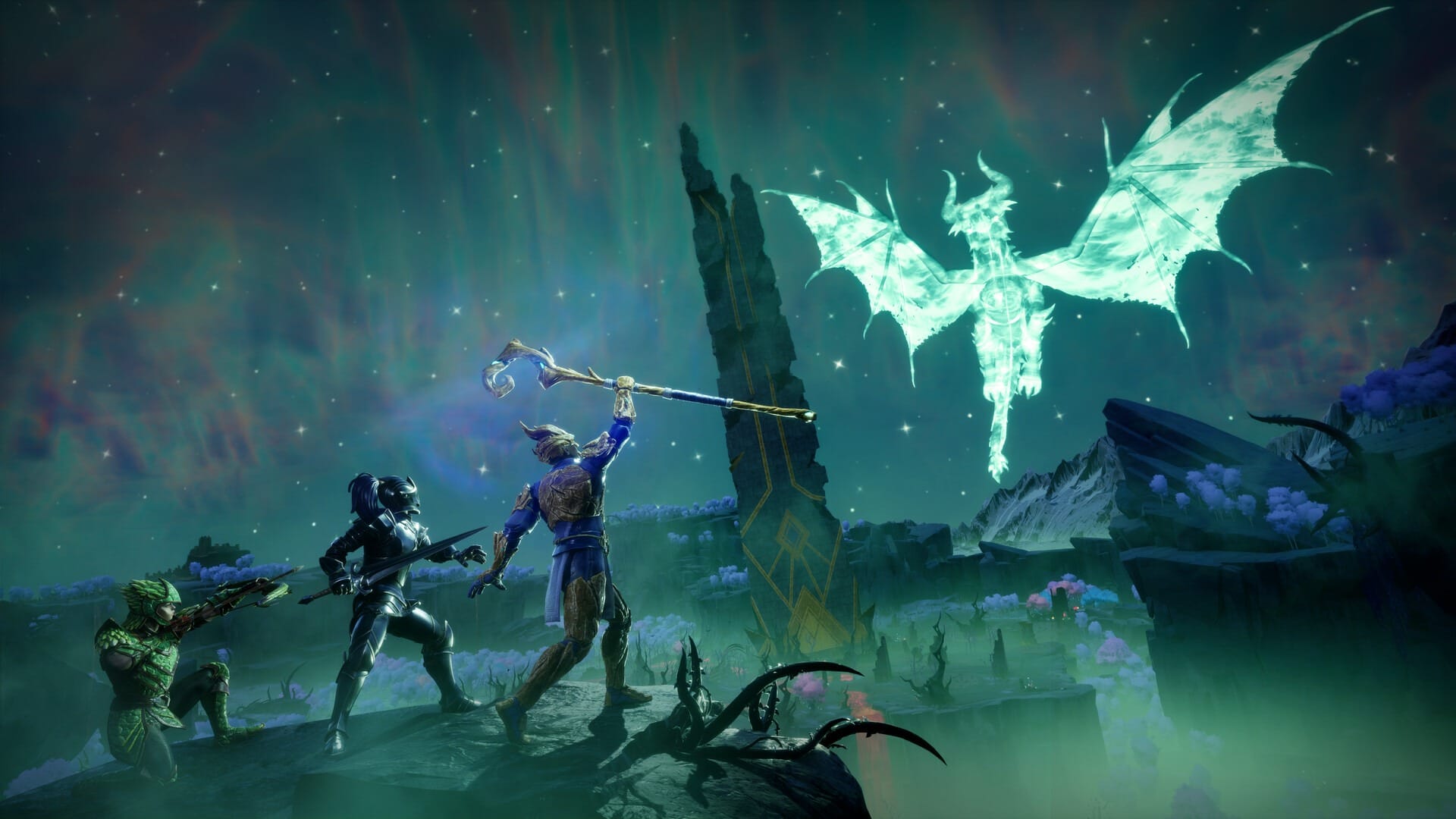 Four heroes confronting a glowing spectral dragon under a starry night sky in RuneScape Dragonwilds.