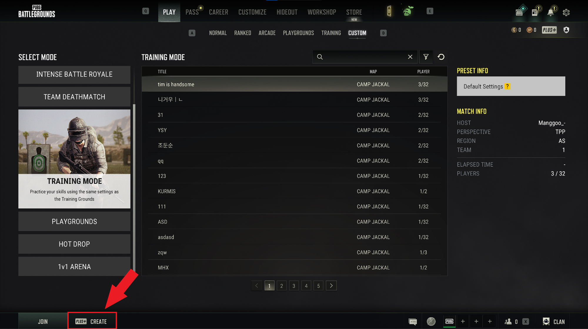 PUBG custom match creation screen with red arrow pointing to the "Create" button.