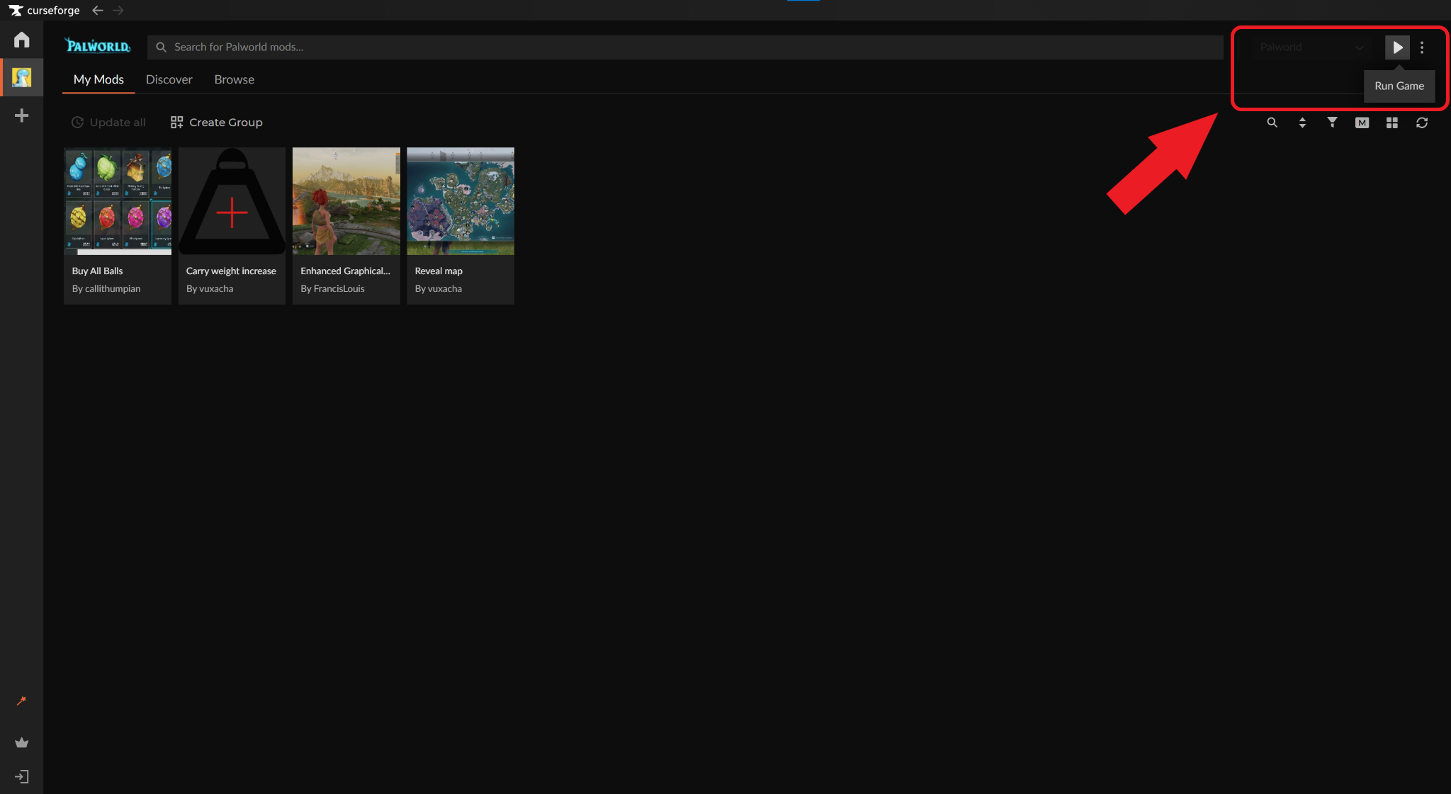 The Palworld "My Mods" dashboard in CurseForge with a red arrow pointing to the "Run Game" play button in the top right corner.