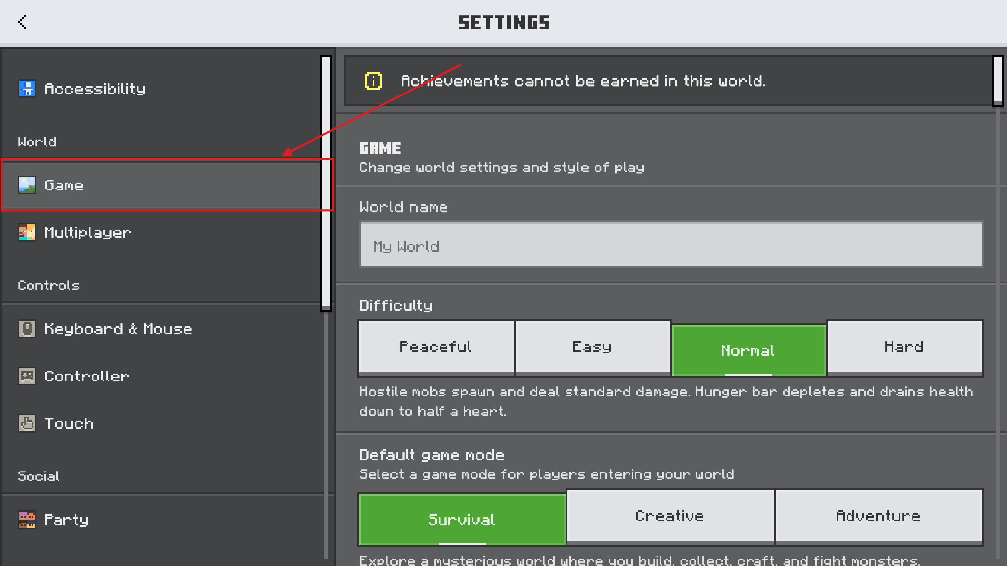 Game section of the Minecraft Bedrock Settings menu.