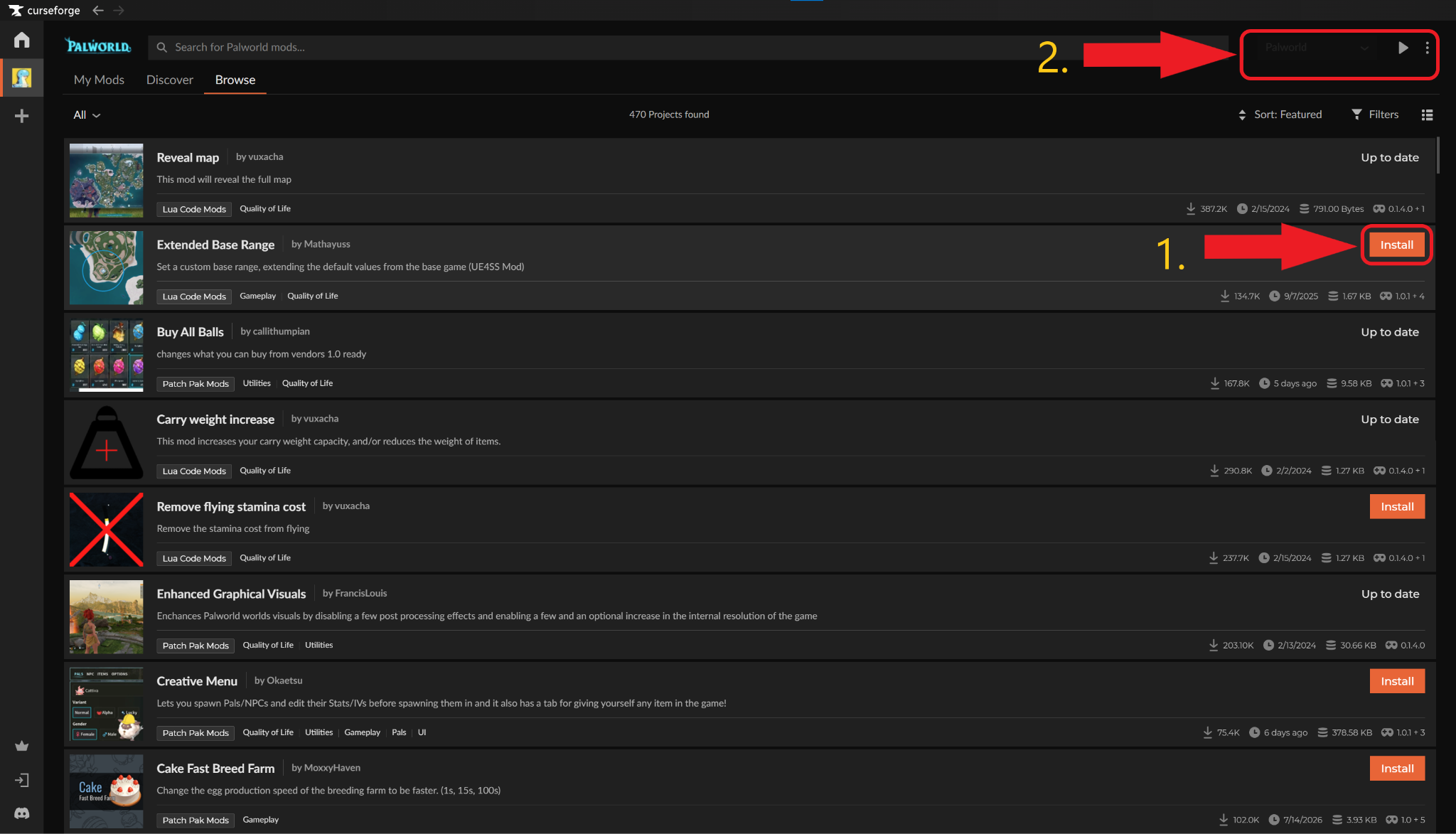 The Palworld "My Mods" dashboard in CurseForge with red arrows pointing toward the "Install'' and "Run Game" buttons.