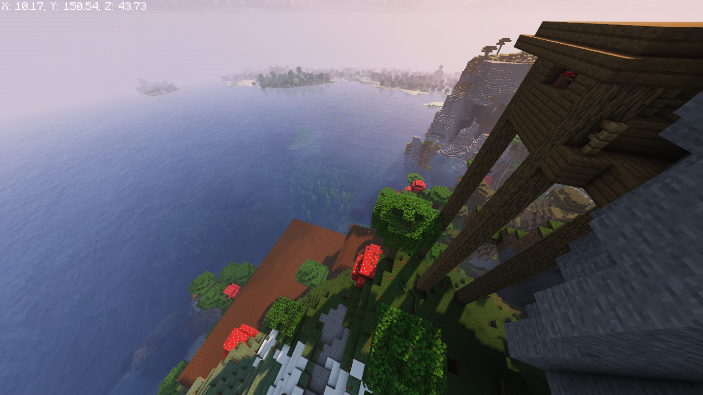 Witch Hut on stilts over water, with red mushrooms nearby and a hazy island in the distance.