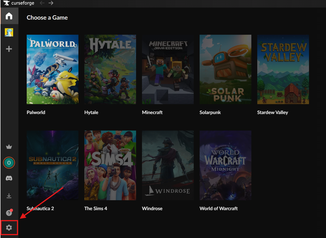 CurseForge game selection screen with the Settings icon highlighted.