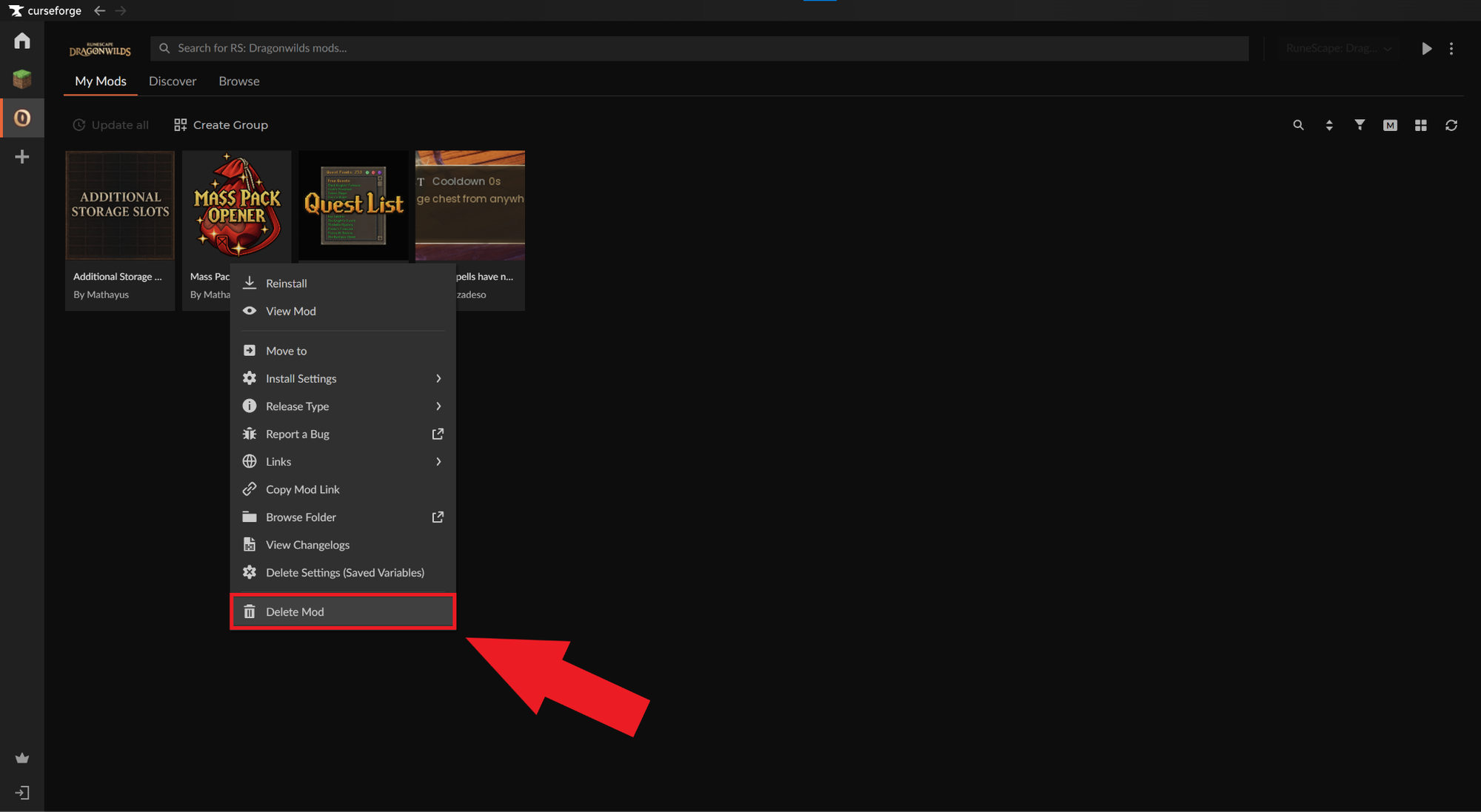 A screenshot of the CurseForge app interface with an arrow pointing toward the "Delete Mod" menu option.