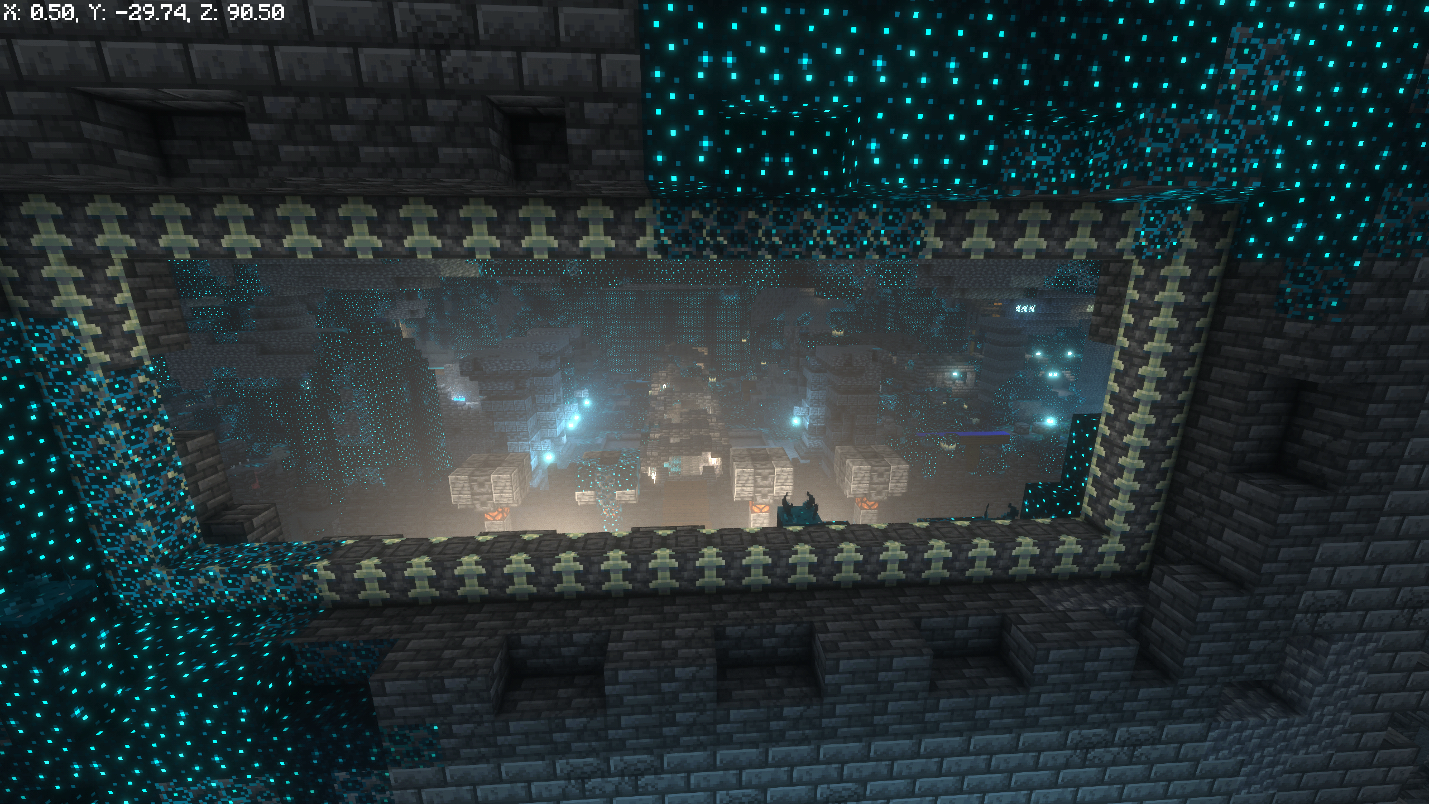 Ancient City viewed from above through the sculk-covered portal.