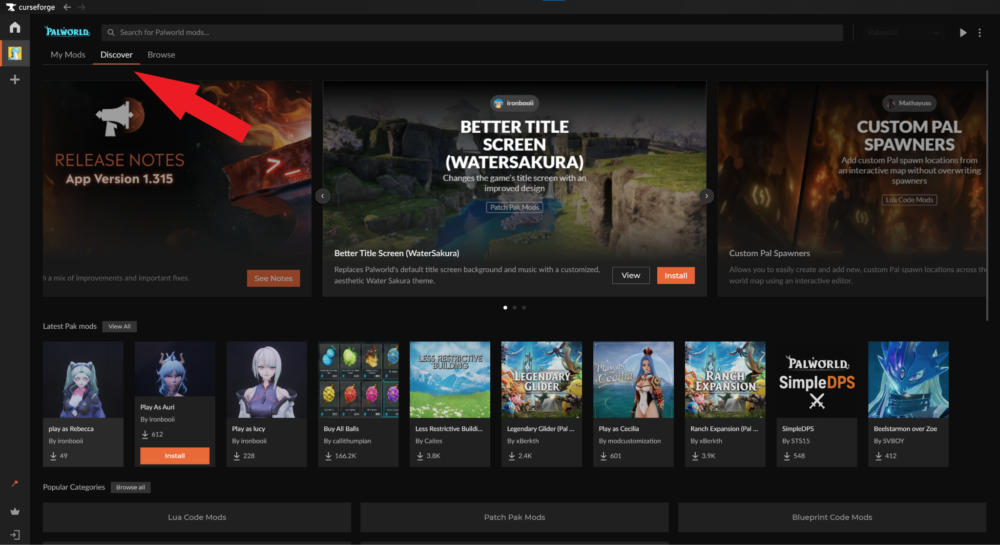 The Palworld "Discover" tab in CurseForge, showing featured mods like Better Title Screen and Custom Pal Spawners.