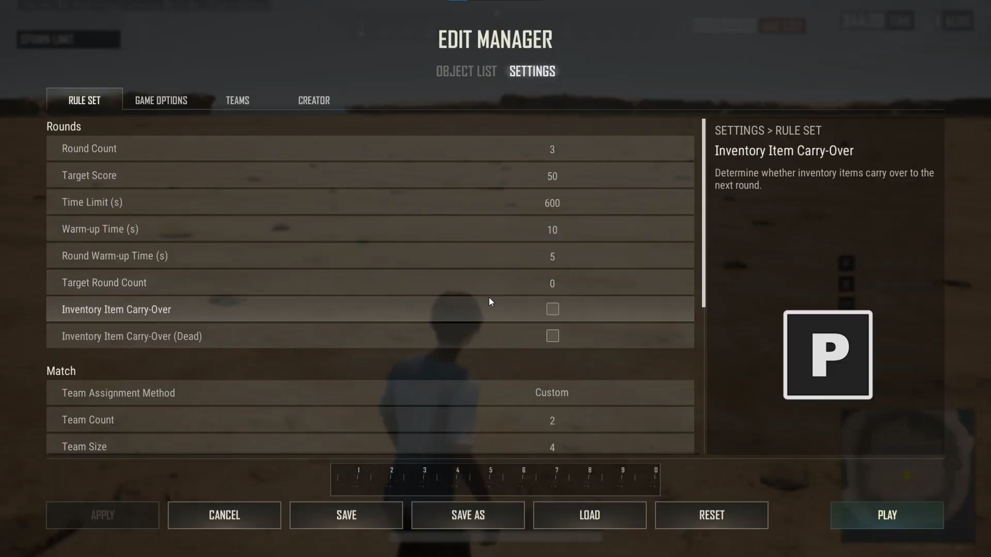 PUBG Edit Manager Rule Set menu options with overlay showing P key shortcut.