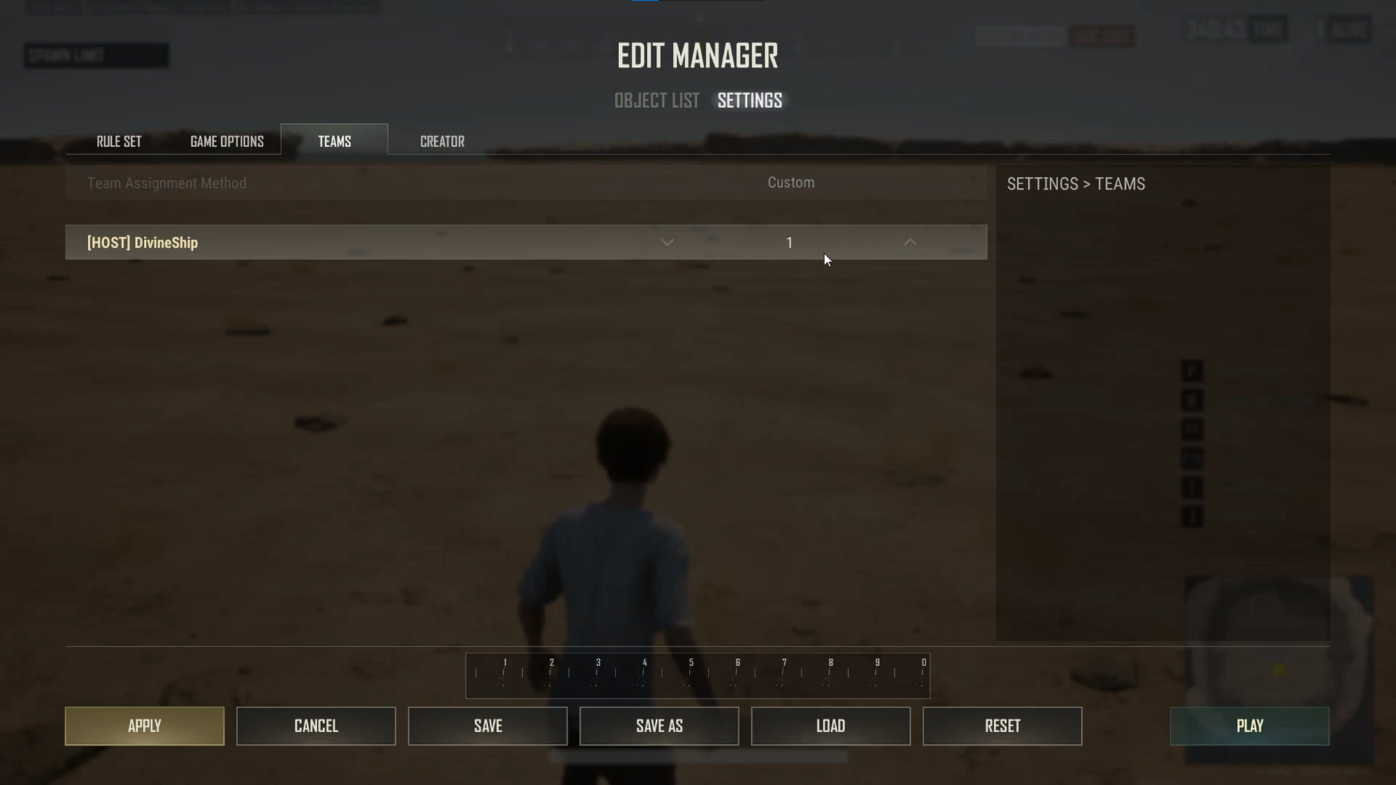 PUBG Edit Manager Teams tab showing host player assignment settings.