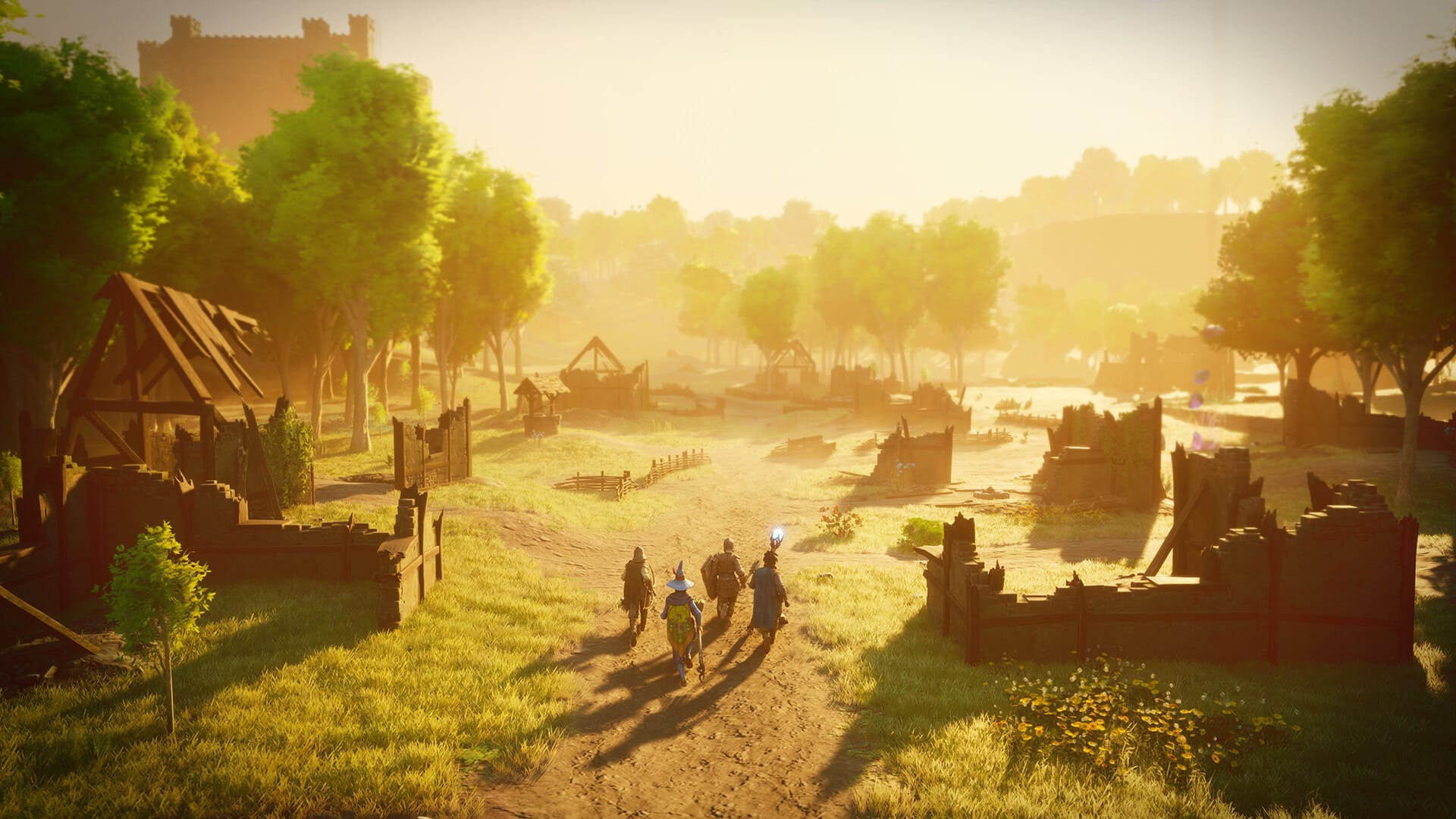 Group of adventurers walking down a dirt path through village ruins in RuneScape Dragonwilds.