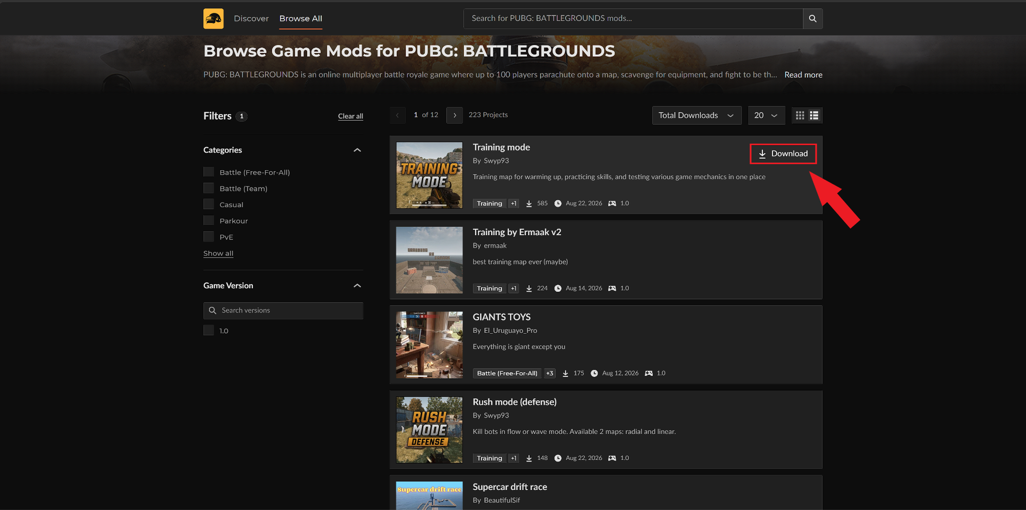 Browsing the PUBG game mods page on CurseForge, with a red arrow highlighting the "Download" button for "Training mode".