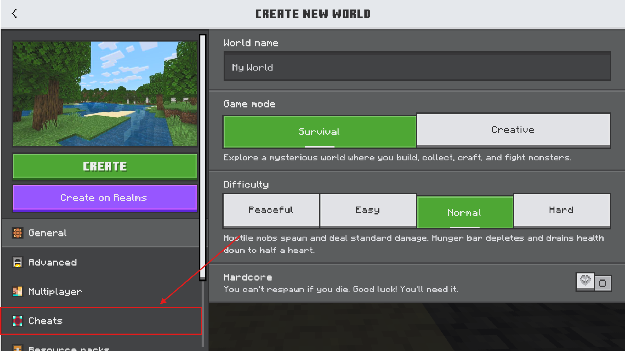 Minecraft Bedrock Create New World screen with the Cheats menu highlighted.