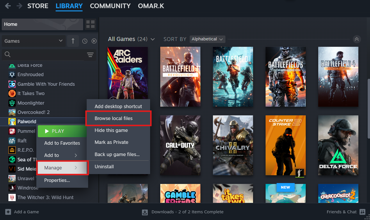 Steam Library showing Palworld's Manage menu with Browse local files highlighted.