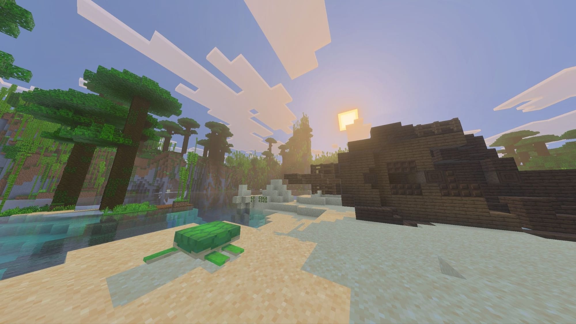 A Minecraft screenshot of a turtle and sunken ship near a watery jungle biome.