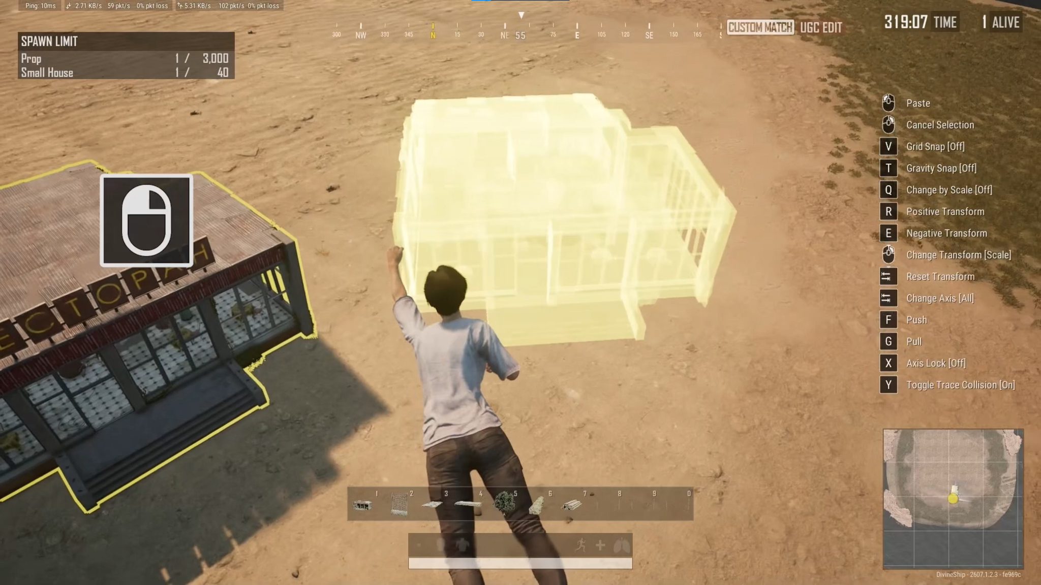 Placing a small house prop in PUBG UGC mode with mouse controls graphic.