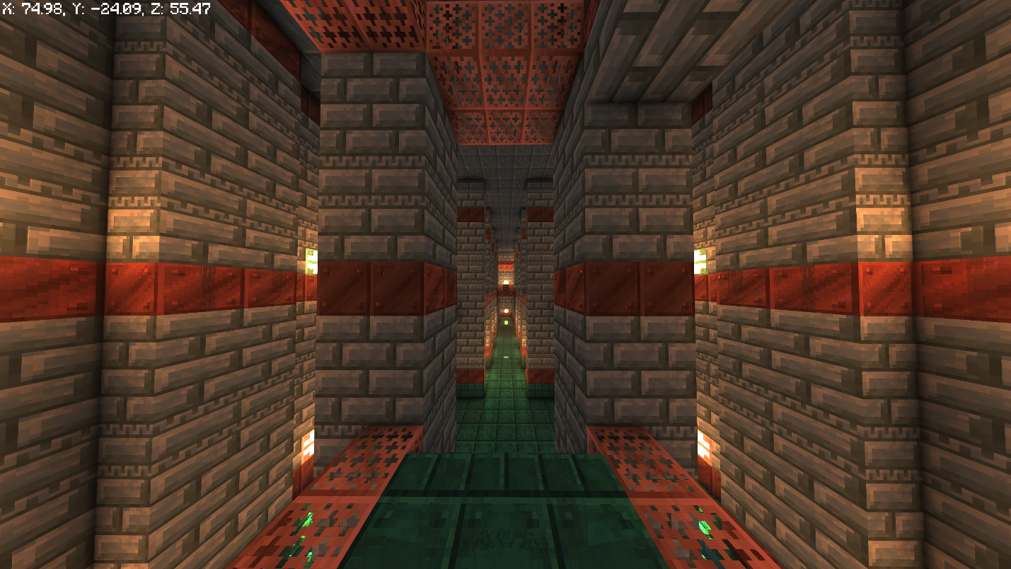 Trial Chamber corridor with a copper and sculk-tiled floor, lit by light emitting blocks.