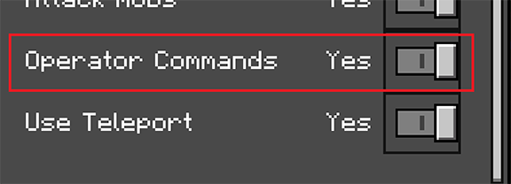 Minecraft Bedrock Player Permissions menu with Operator Commands enabled.