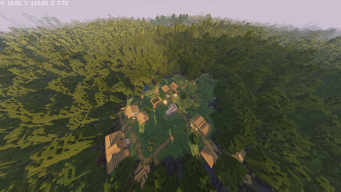 Village clearing in a Forest biome, surrounded by dense trees.