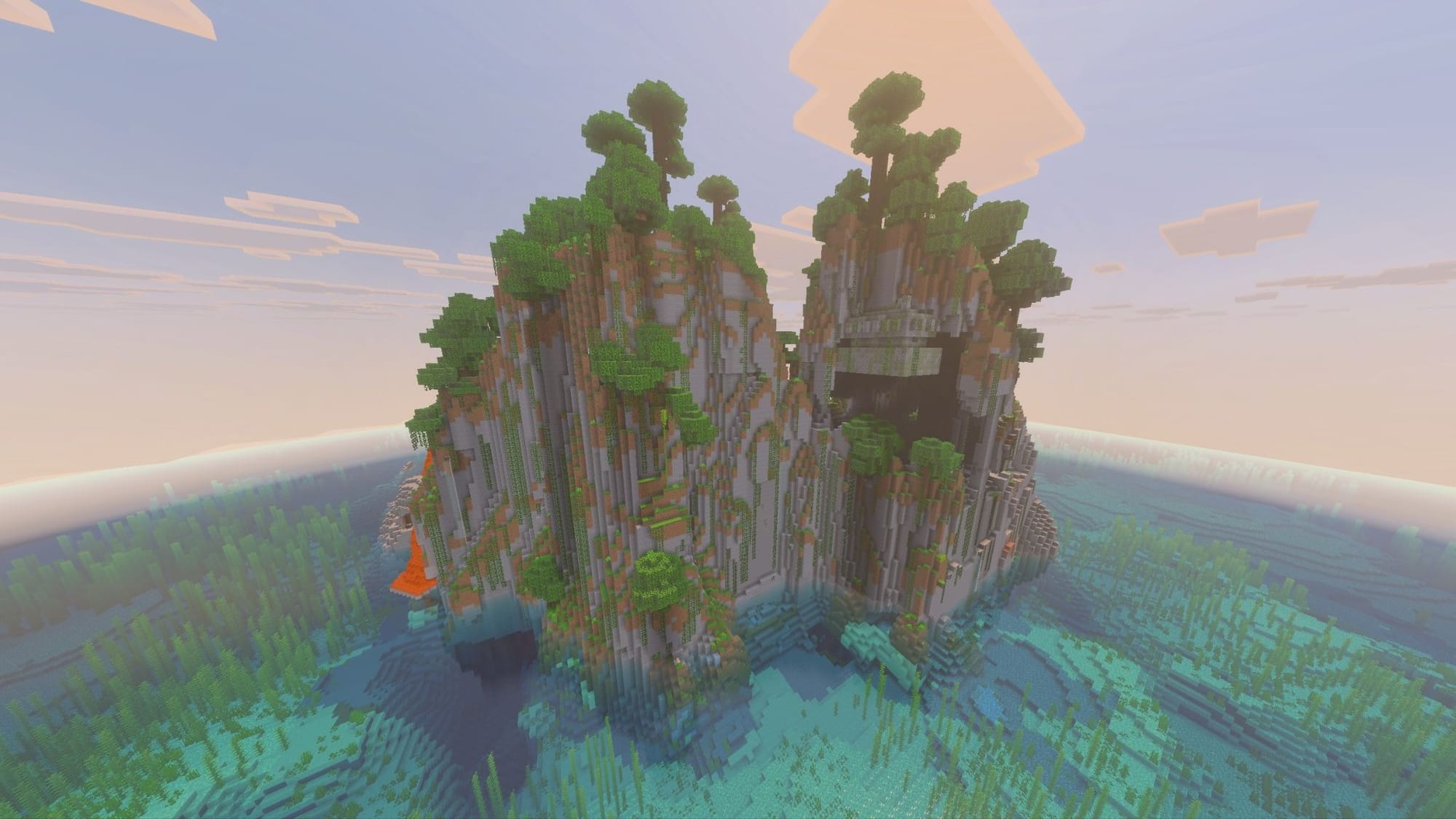 A Minecraft screenshot of a cliff jungle island with a temple in the side of it.