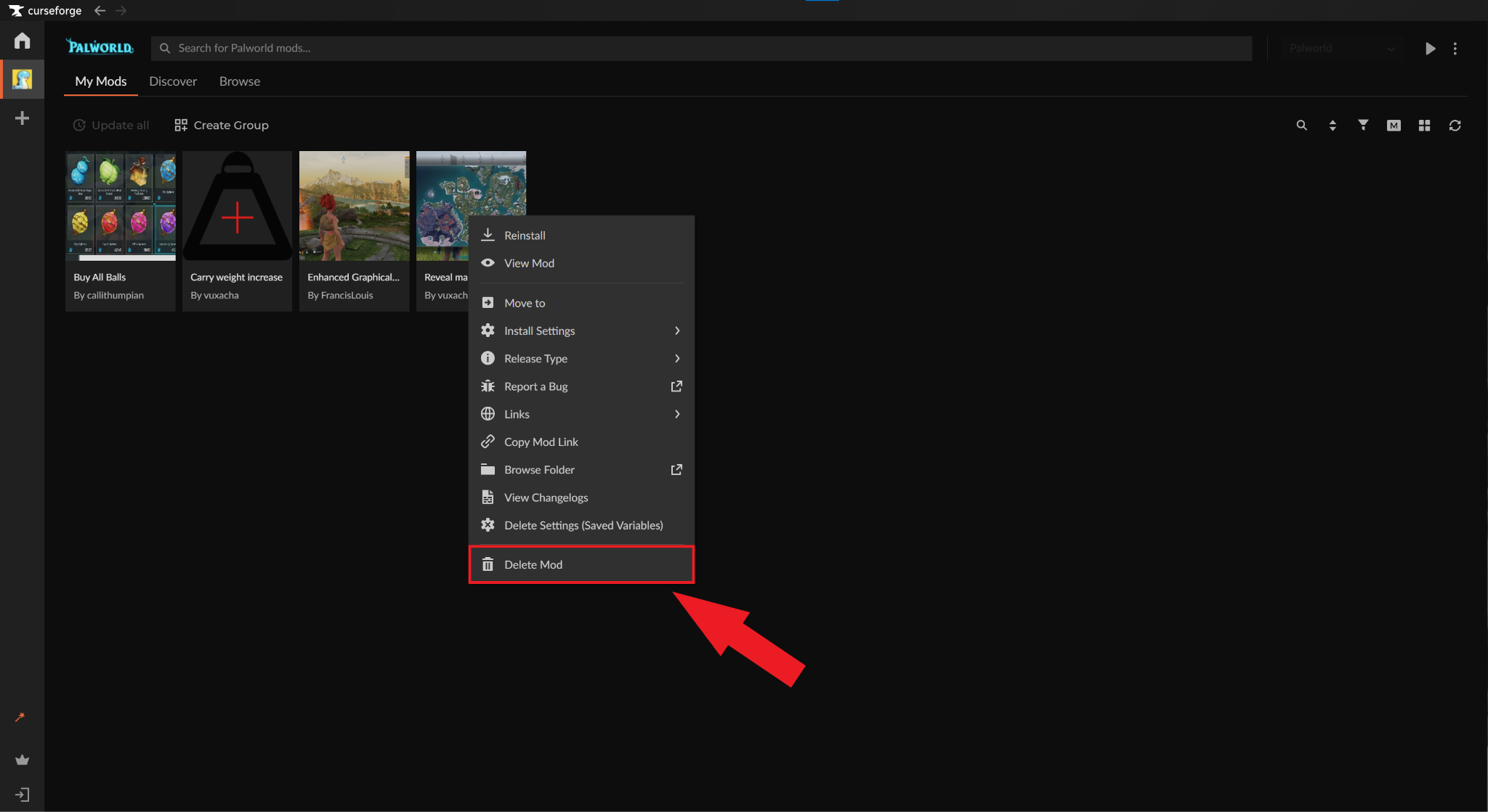 A screenshot of the CurseForge app interface with an arrow pointing toward the "Delete Mod" menu option.