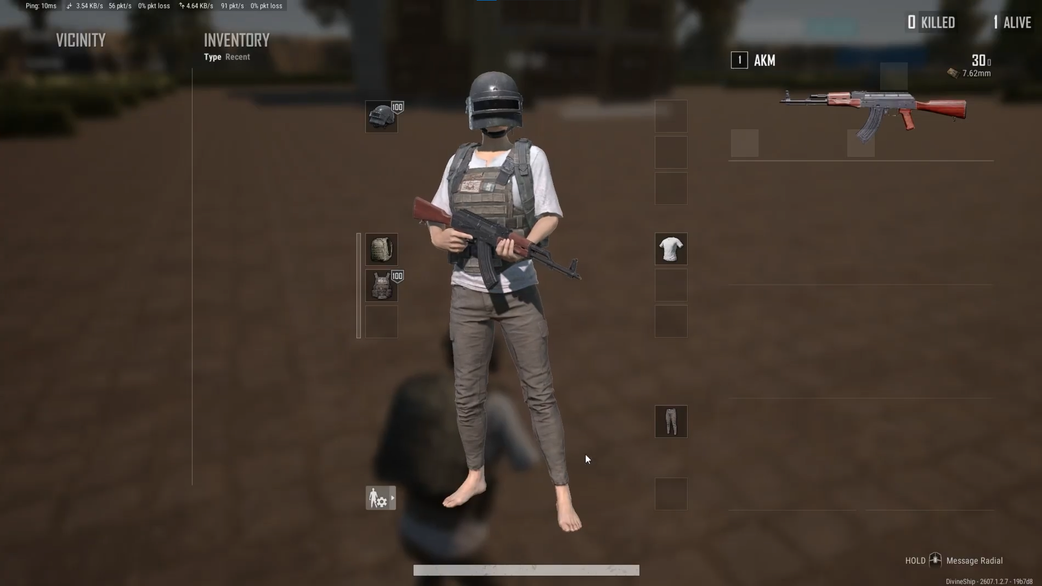 PUBG player character inventory equipped with Level 3 helmet vest and an AK-47.