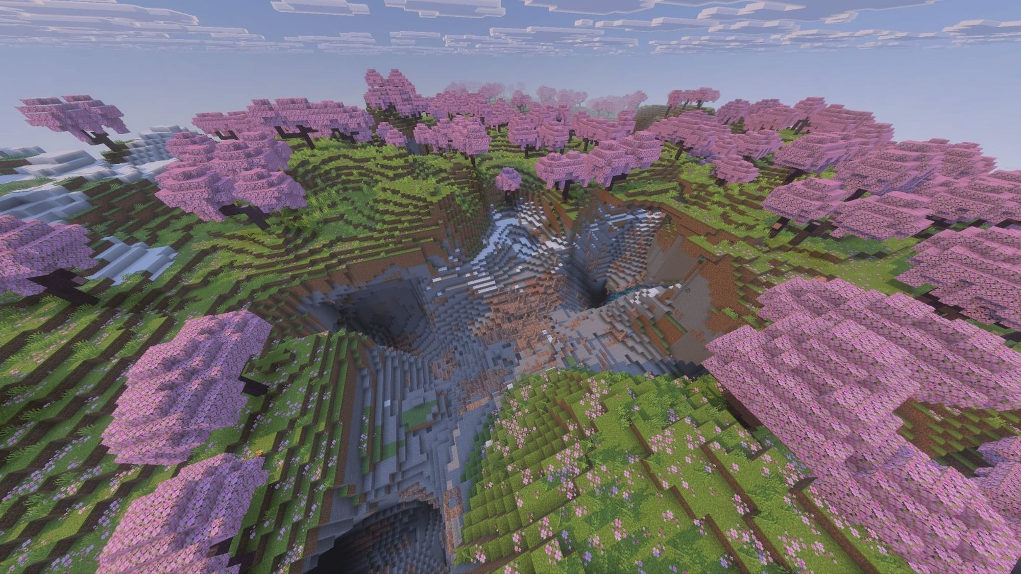 A Minecraft screenshot of a pit of spikes and tunnels in the middle of a cherry blossom biome.