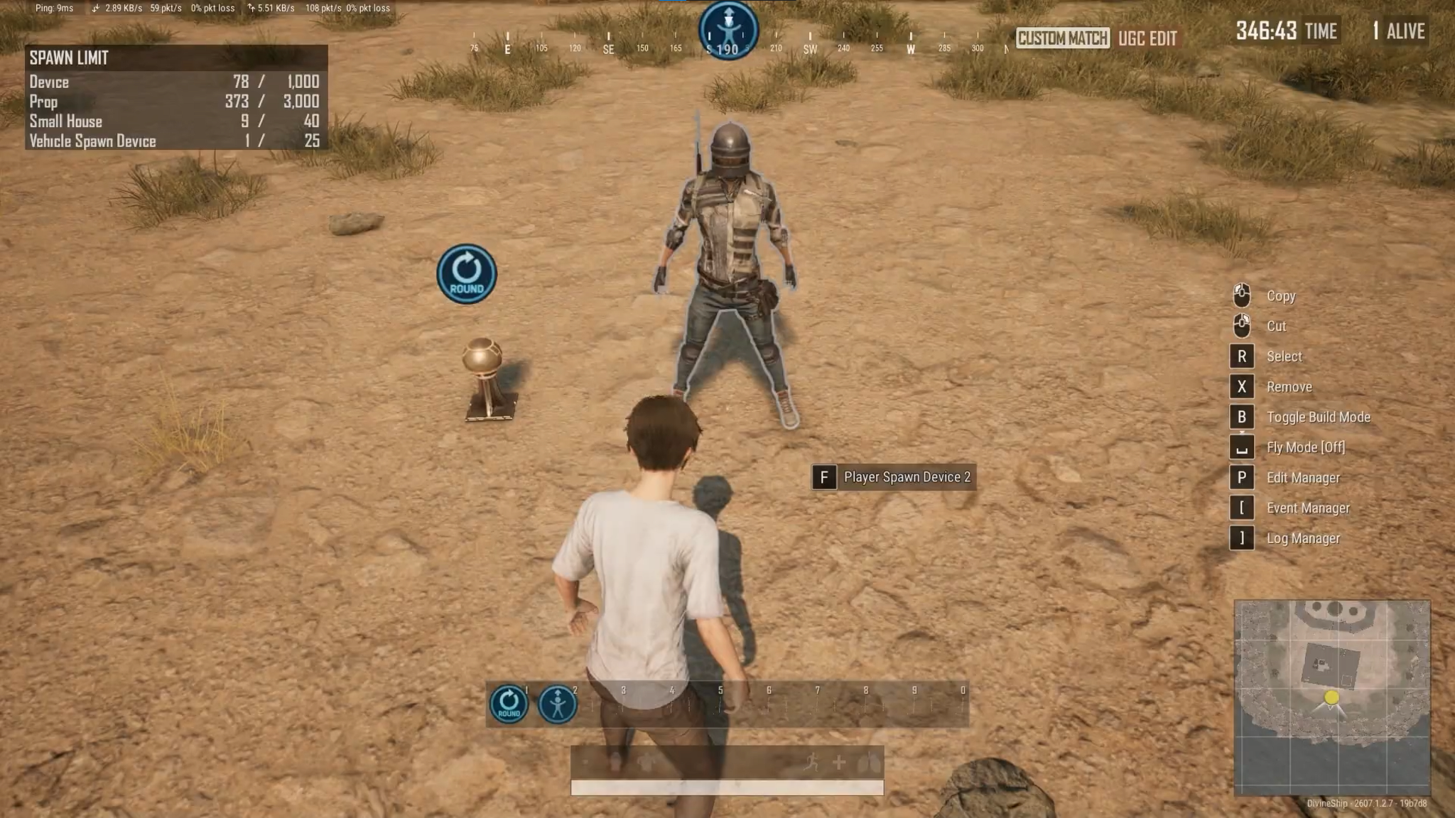 Placing Player Spawn Device interactive pedestal in PUBG UGC editor environment.