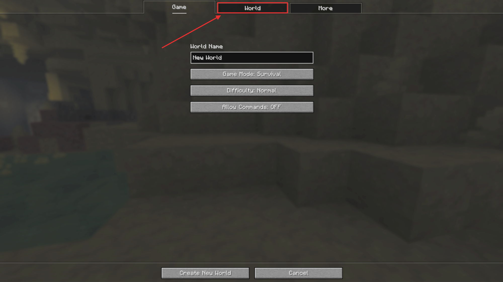 World creation screen with an arrow pointing to the "World" tab at the top.