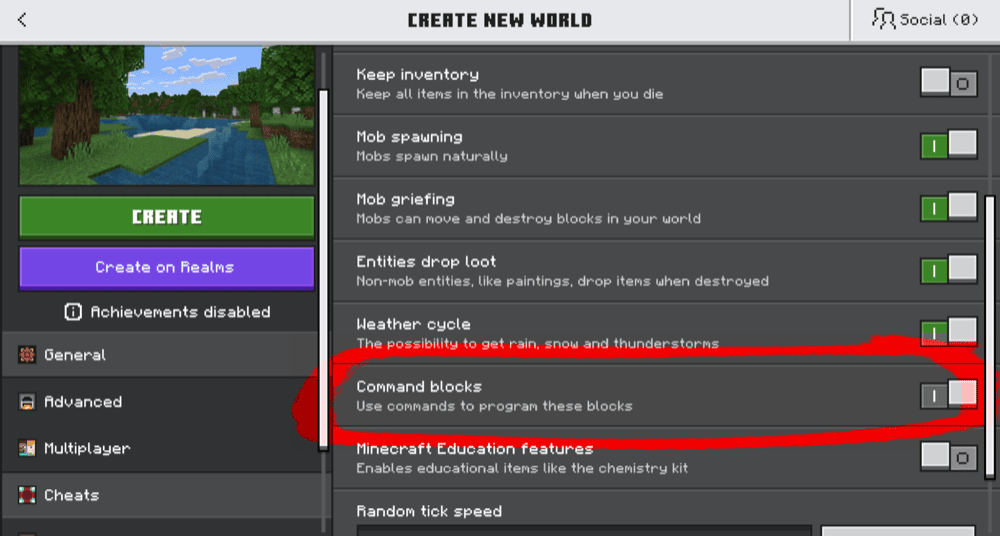 A Minecraft screenshot of the cheats settings, the command blocks section circled in red.