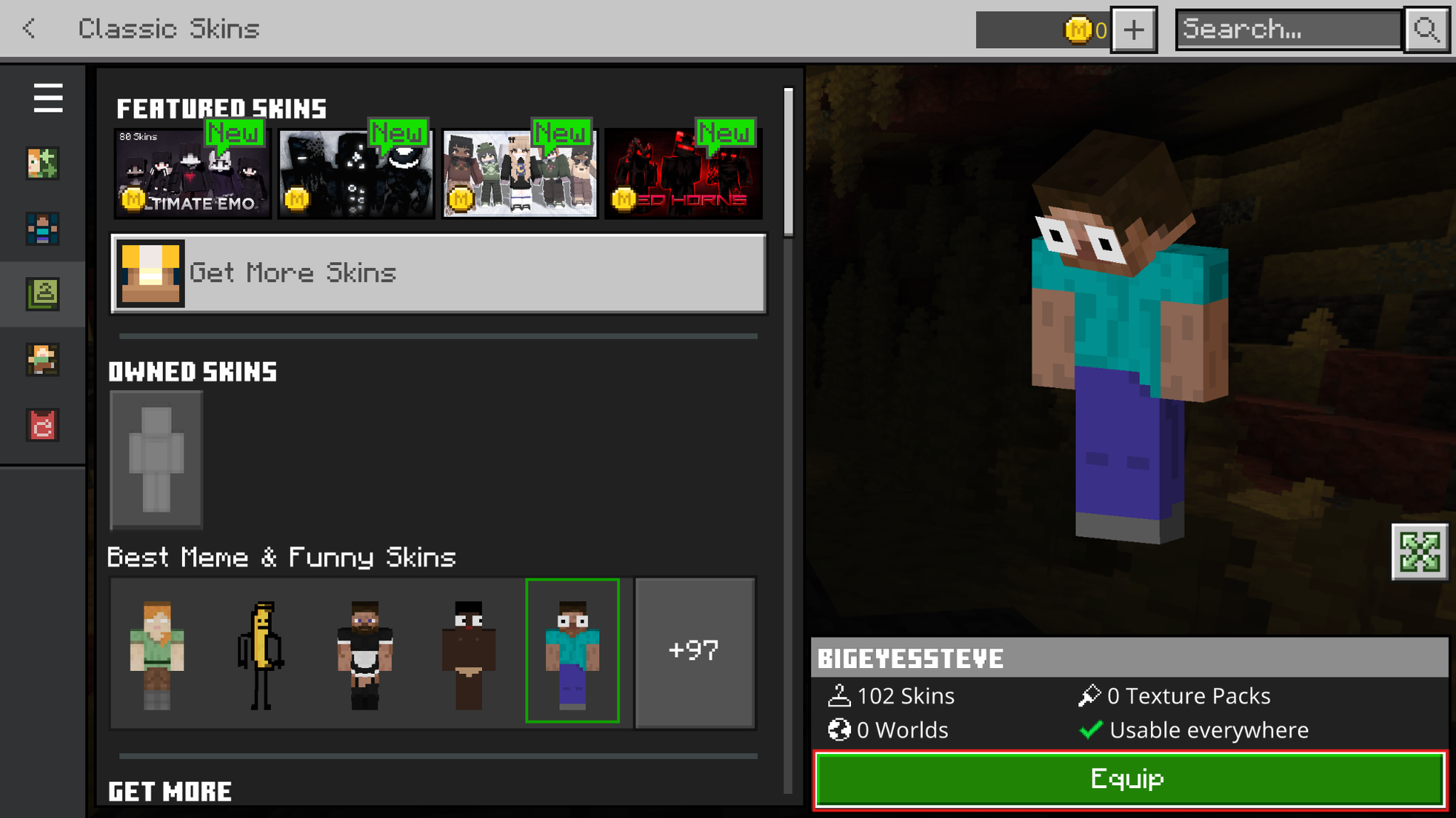 Minecraft Bedrock Classic Skins screen showing the Best Meme and Funny Skins pack with the Equip button highlighted.