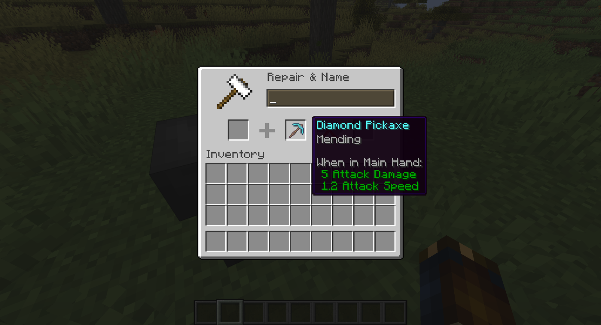A Minecraft screenshot of a pickaxe with the mending enchantment.