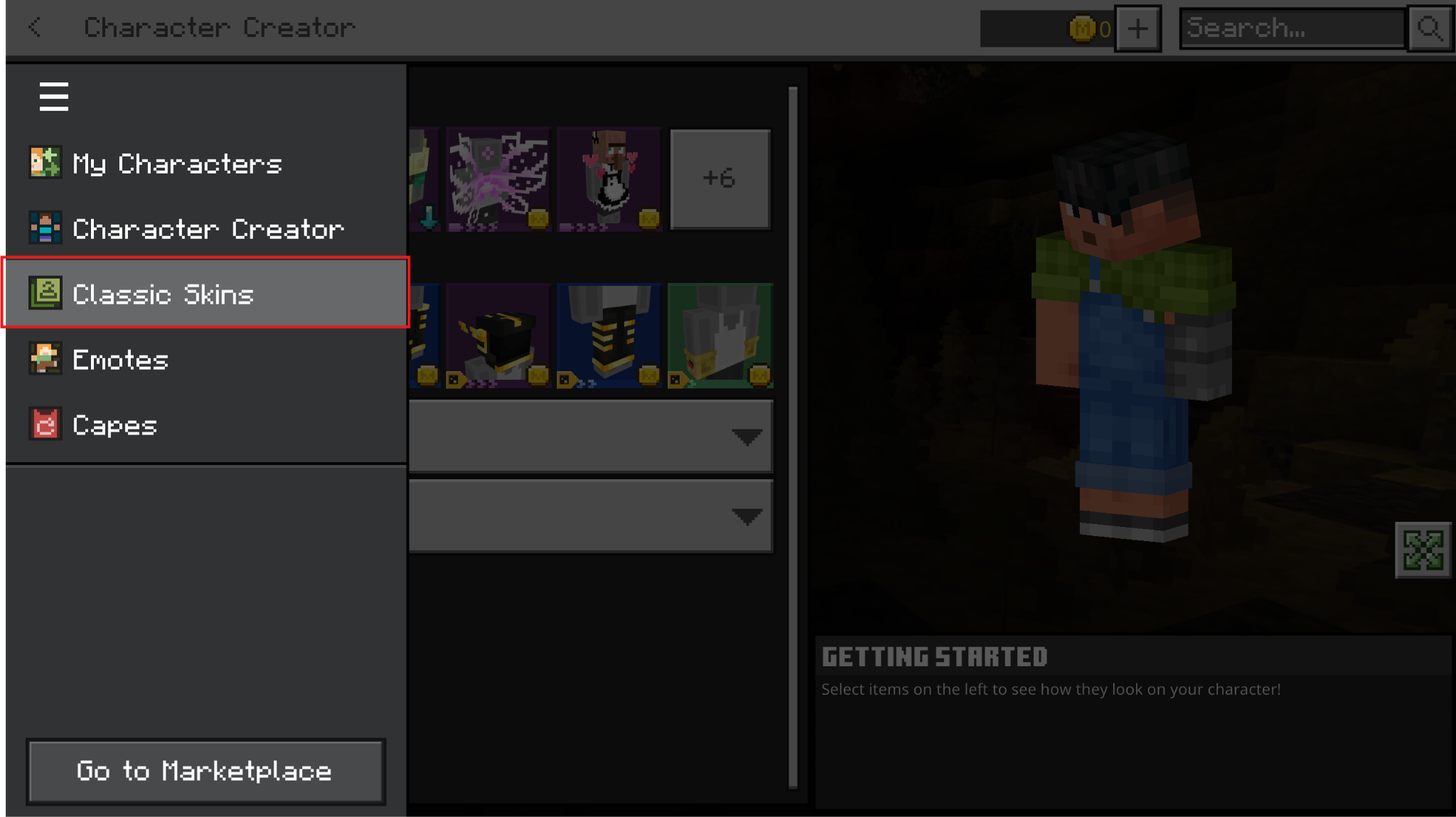 Minecraft Bedrock main menu showing the Dressing Room button highlighted next to the player character.