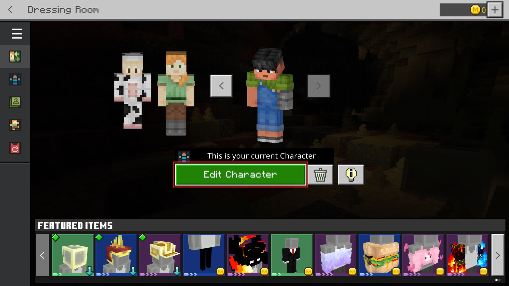 Minecraft Bedrock Dressing Room screen showing the Edit Character button below the selected character.