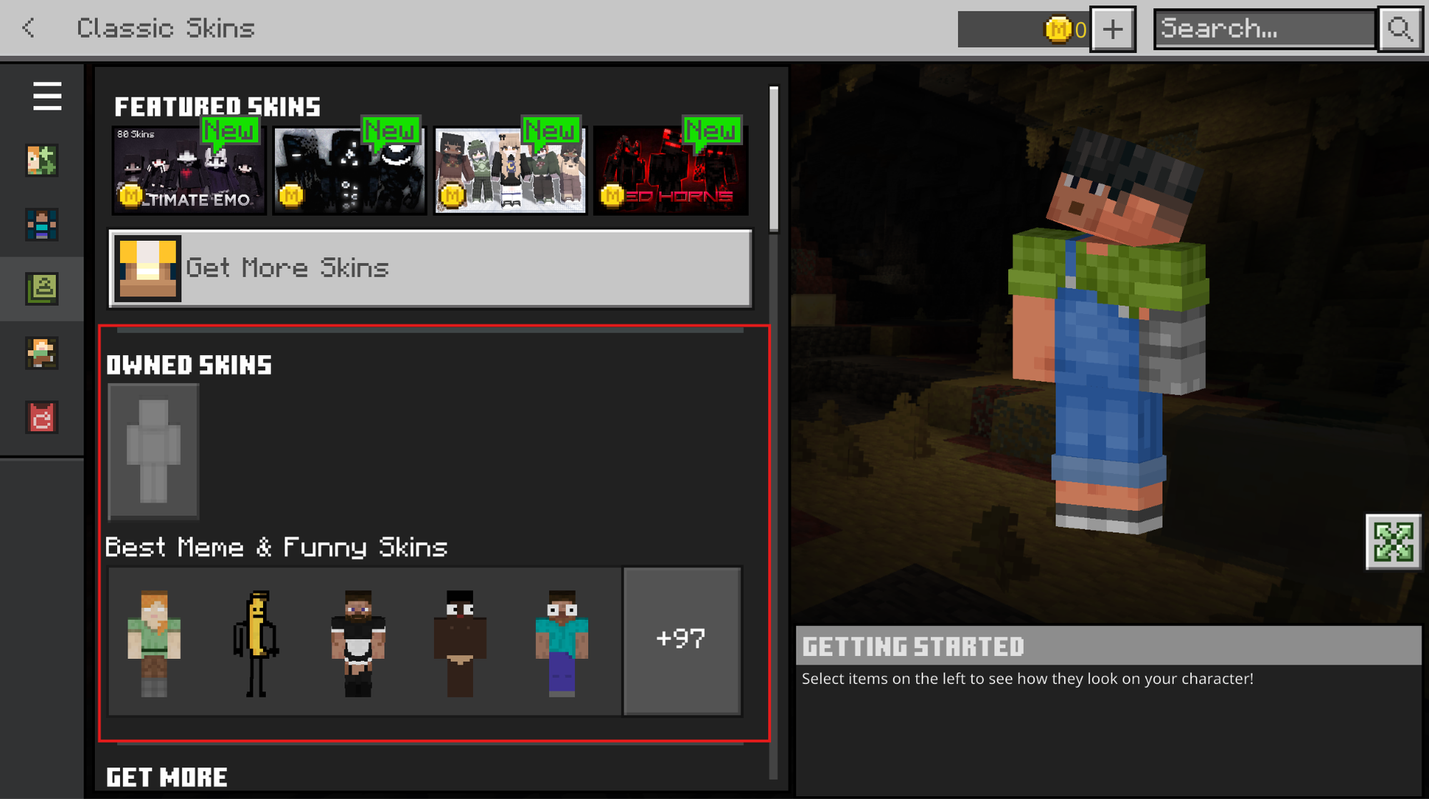 Minecraft Bedrock Classic Skins screen showing the Owned Skins section with the Best Meme and Funny Skins pack highlighted.