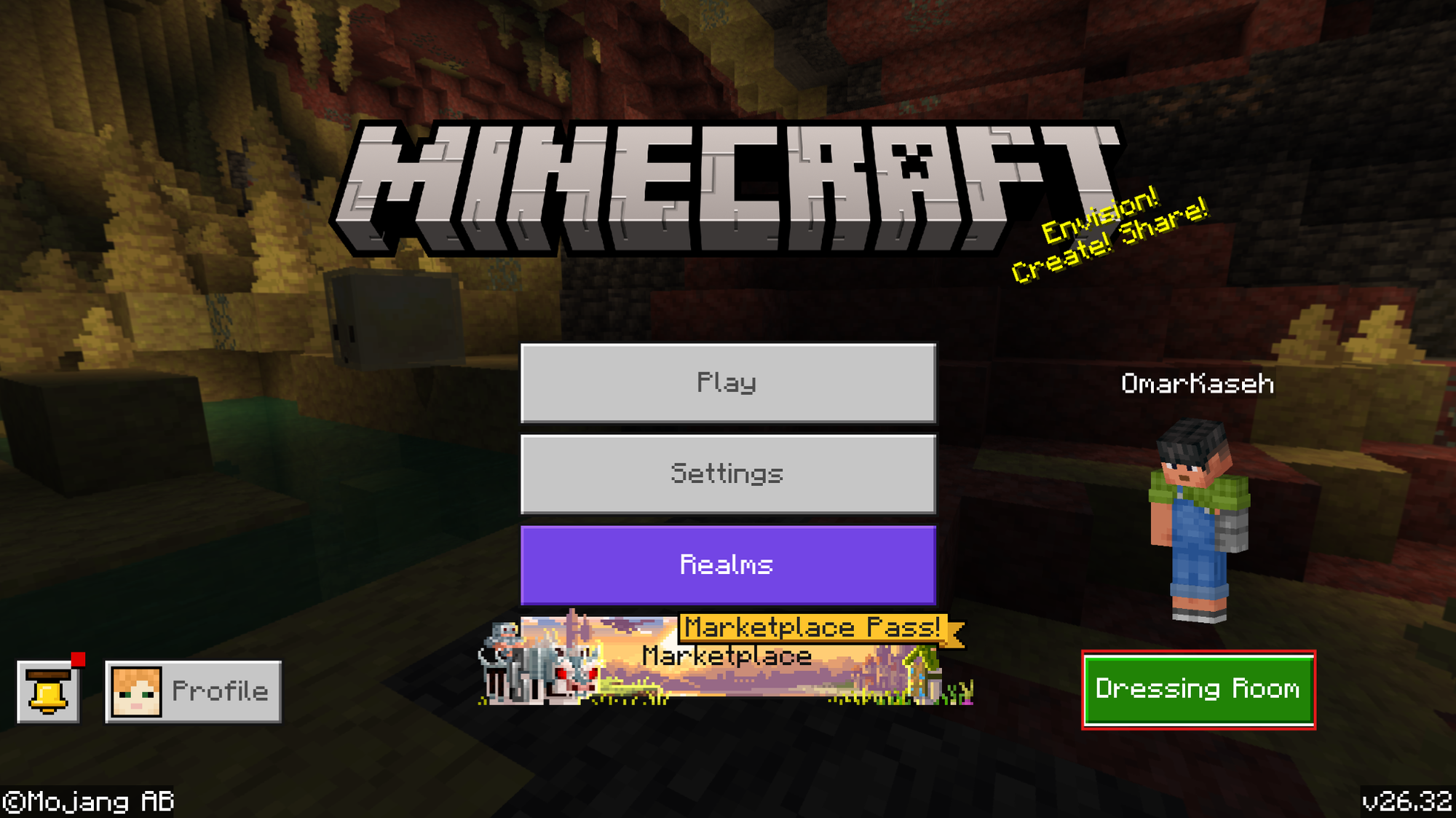 Minecraft Bedrock main menu showing the Dressing Room button highlighted next to the player character.