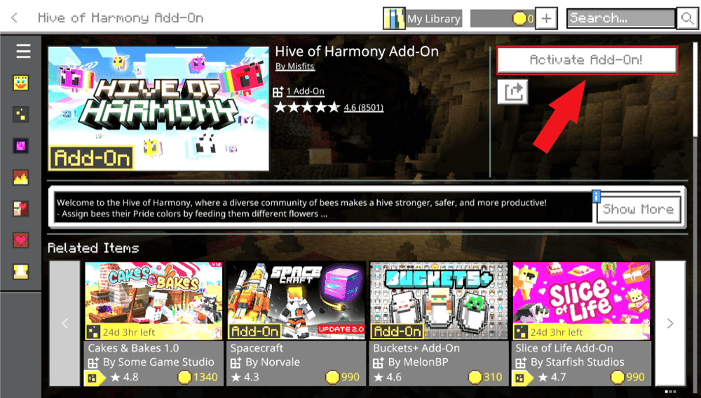 Hive of Harmony Add-On page in Minecraft Marketplace with the Activate Add-On button highlighted.