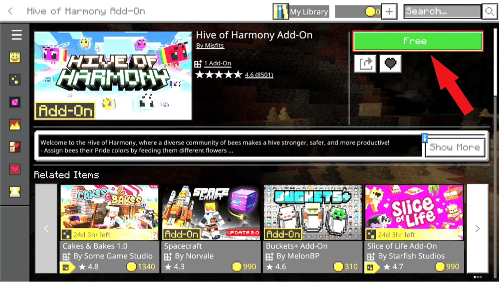 Hive of Harmony Add-On page in Minecraft Marketplace with the Free button highlighted.
