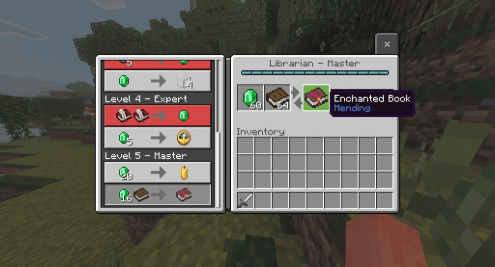 A Minecraft screenshot of a librarian selling a Mending book.