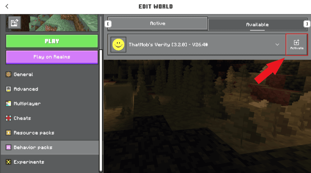 Minecraft Bedrock Edit World screen with the Activate button highlighted for an available behavior pack.