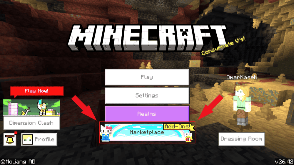 Minecraft Bedrock main menu with the Marketplace Add-Ons button highlighted.