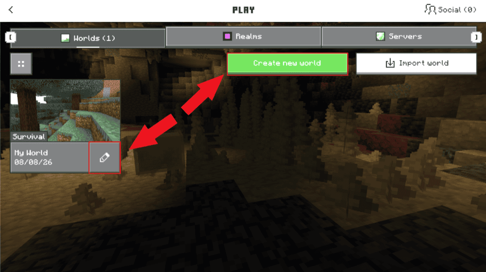 Minecraft Bedrock Worlds screen with Create New World and the pencil icon beside an existing world highlighted.