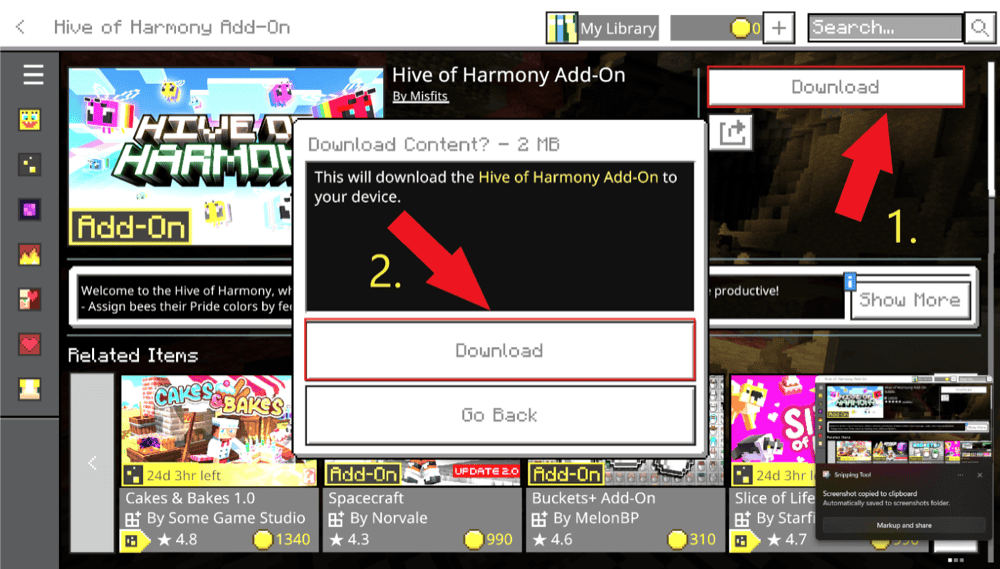 Minecraft Marketplace download confirmation for the Hive of Harmony Add-On with the Download button highlighted.
