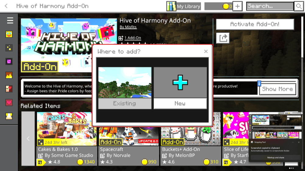 Minecraft Marketplace prompt asking whether to add the Hive of Harmony Add-On to an existing or new world.