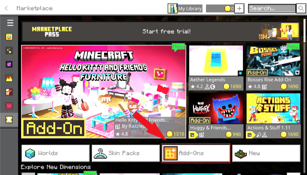 Minecraft Marketplace screen with the Add-Ons category highlighted.
