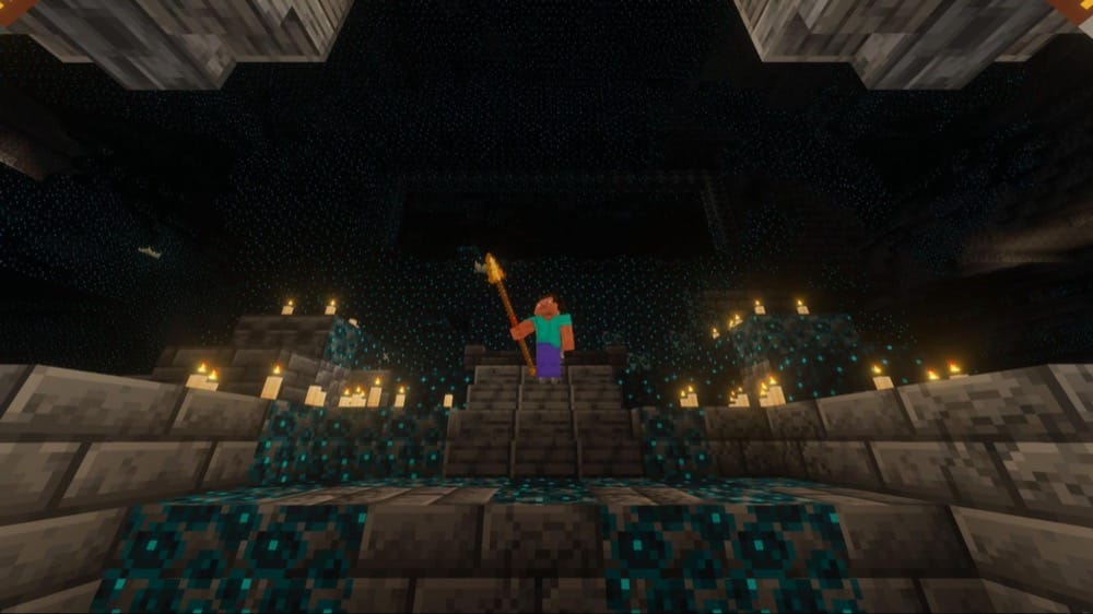 A Minecraft screenshot of a player holding an enchanted spear in an Ancient City.
