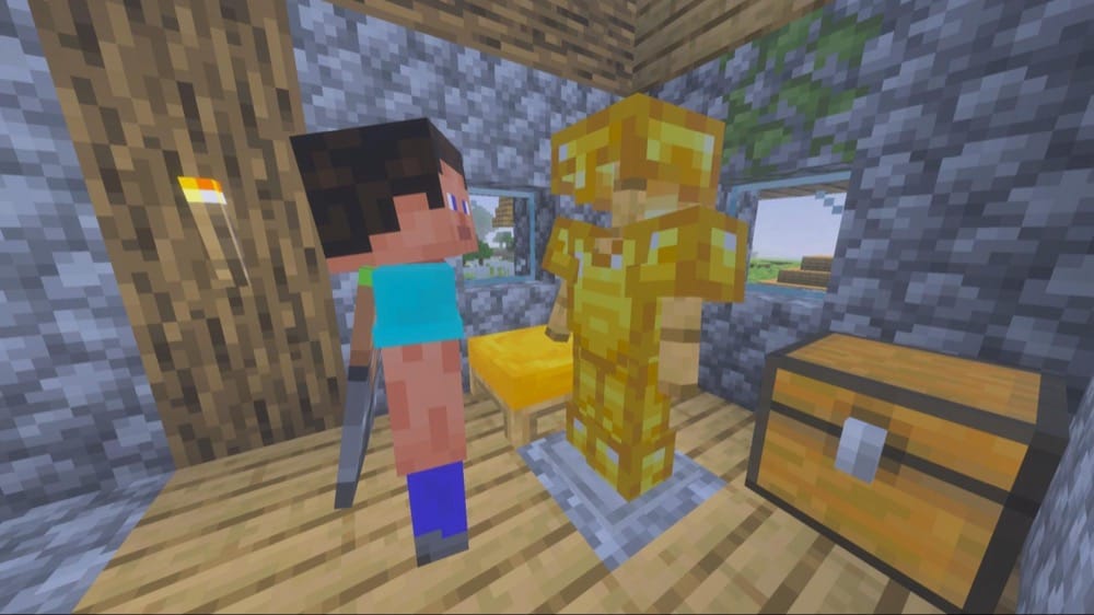 A Minecraft screenshot of a player looking at enchanted armor on an armor stand.