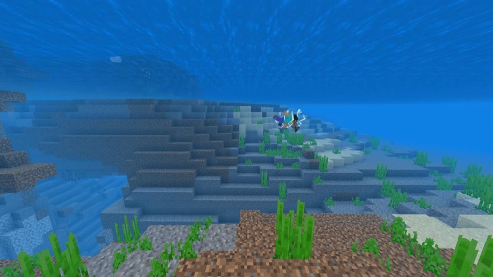 A Minecraft screenshot of the player in the riptide animation underwater.